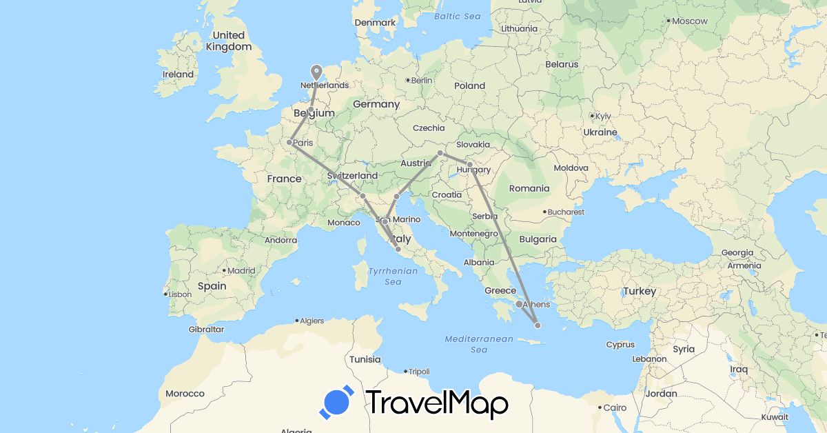 TravelMap itinerary: driving, plane in Austria, Belgium, France, Greece, Hungary, Italy, Netherlands (Europe)